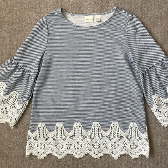Chico's Shirt Womens 0 (Small) Blue White Striped Lace Bell Sleeves Hem Casual - Picture 2 of 8